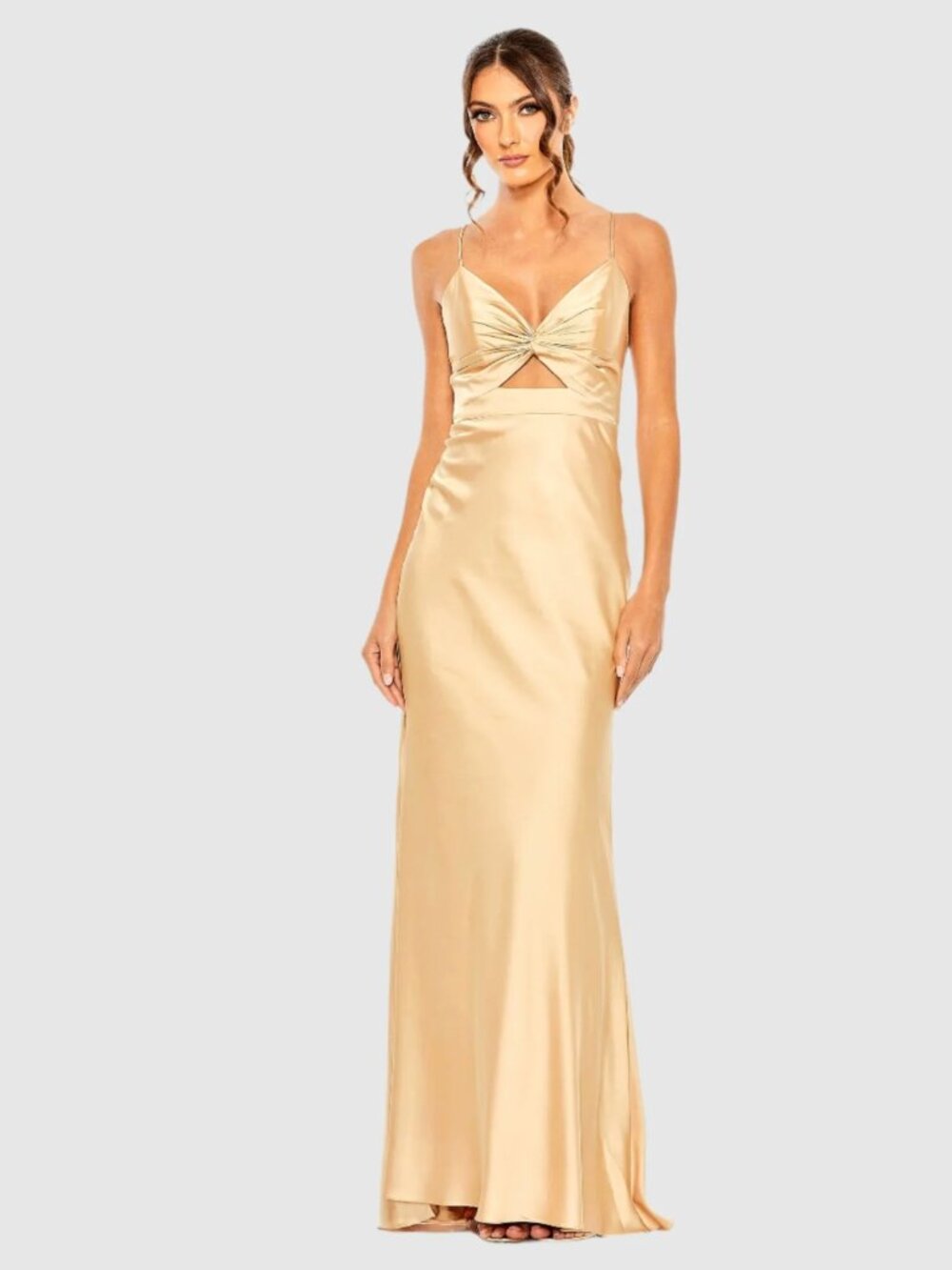 New with Tags Mac Duggal 68347 Champagne Cutout Maxi Gown Dress Sz 10 Formal